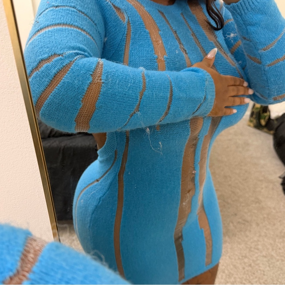 Blue and Gray Knit Sweater Dress